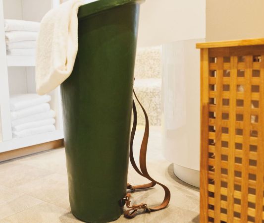 Creative use of a grape hod for used towels in the sauna area of the Weinhotel Kaisergarten