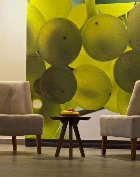 Two chairs and a small round table as designer furniture in the lobby of the Weinhotel Kaisergarten with a large photo of illuminated Riesling grapes on the wall