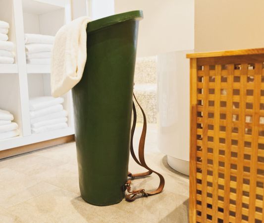 Creative use of a grape hod for used towels in the sauna area of the Weinhotel Kaisergarten