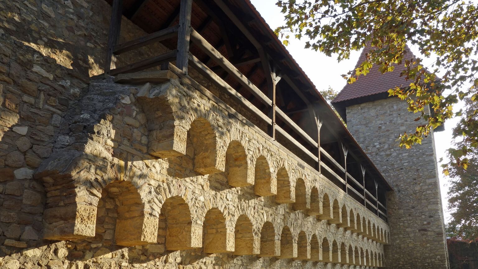 Blick auf den antiken Teil der Stadtmauer von Alzey mit dem Taubenturm