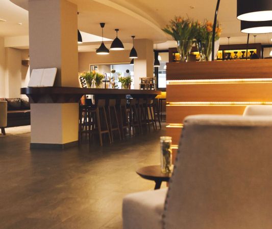 Lobby of the Weinhotel Kaisergarten, looking toward the reception desk and the wine bar