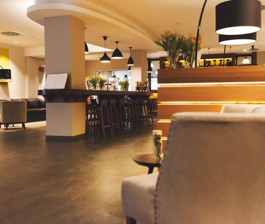 Lobby of the Weinhotel Kaisergarten, looking toward the reception desk and the wine bar