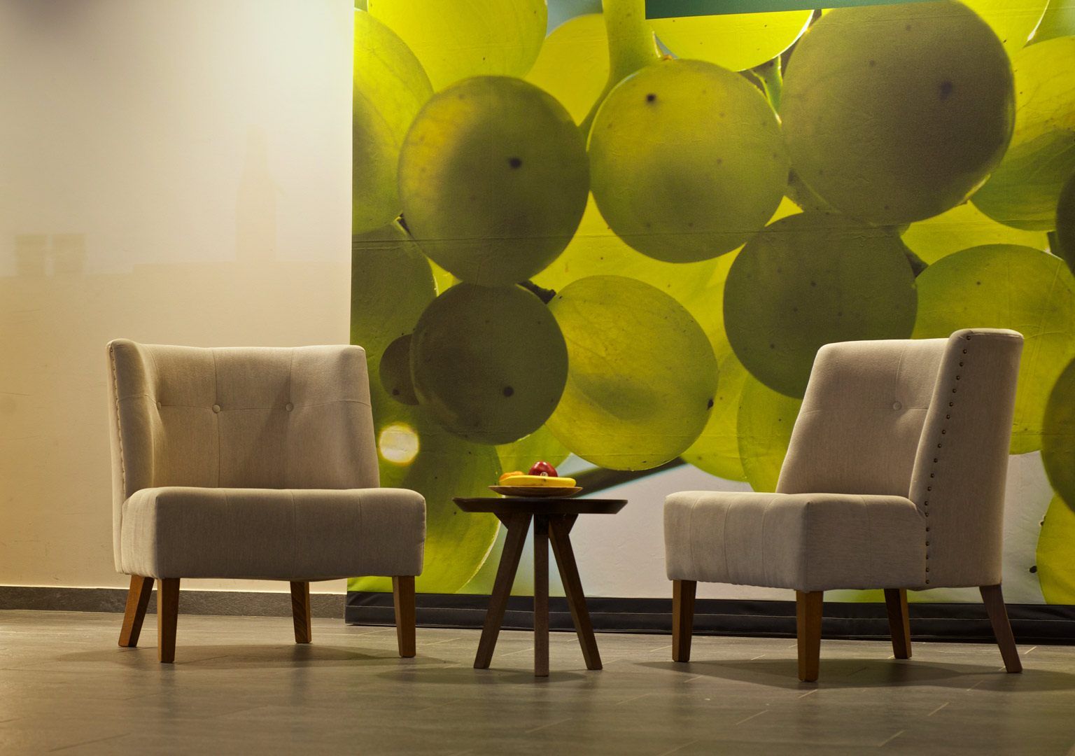Zwei Sessel und ein kleiner runder Tisch als Designermoebel in der Lobby des Weinhotel Kaisergarten an der Wand ein grosses Foto mit angestrahlten Riesling Trauben 