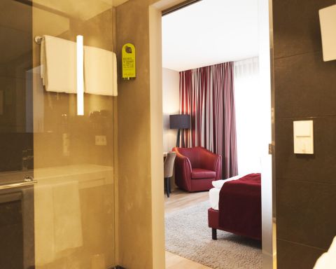 Hotel room in the Spätlese category at the Kaisergarten wine hotel in Alzey in Rheinhessen with a view from the bathroom into the room