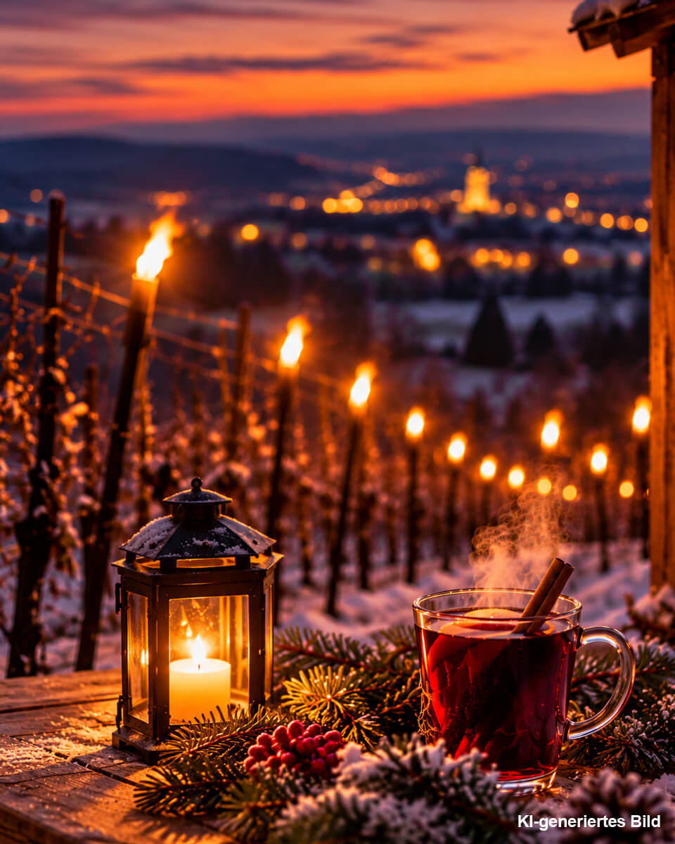 Verschneite Weinberge bei Glühweinlicht (KI-generiert)